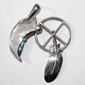 Vintage Sterling Silver Eagle Claw Feather Medicine Wheel Pendant 18 Grams